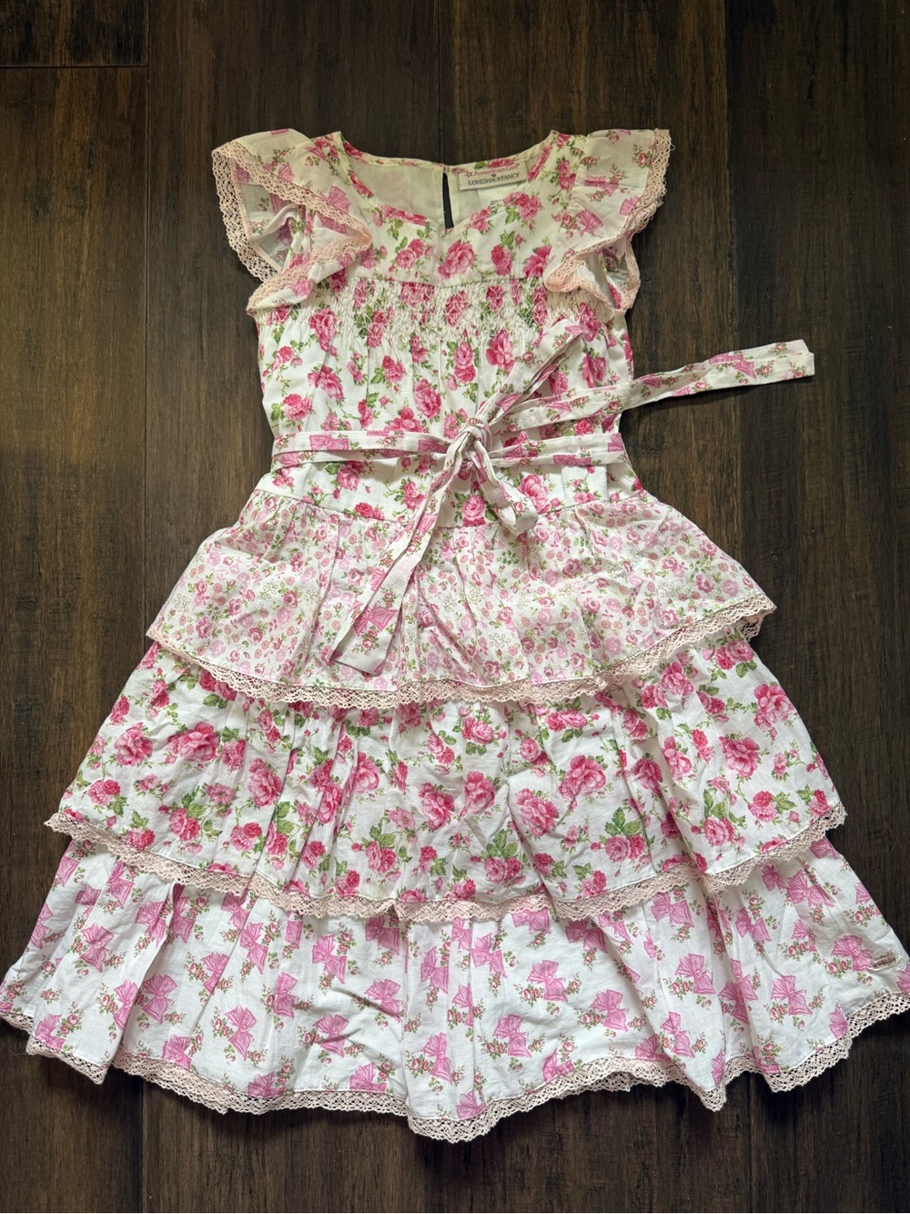 LoveShackFancy Pink Floral Tiered Dress with Lace Trim